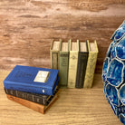 Stack of books with a blue decorative object on a wooden surface