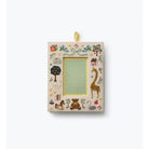 A rectangular wooden picture frame with a hanging loop at the top, decorated with whimsical woodland illustrations including a giraffe, tree, birds, and teddy bear. The frame has a light beige background and is shown against a plain white background.