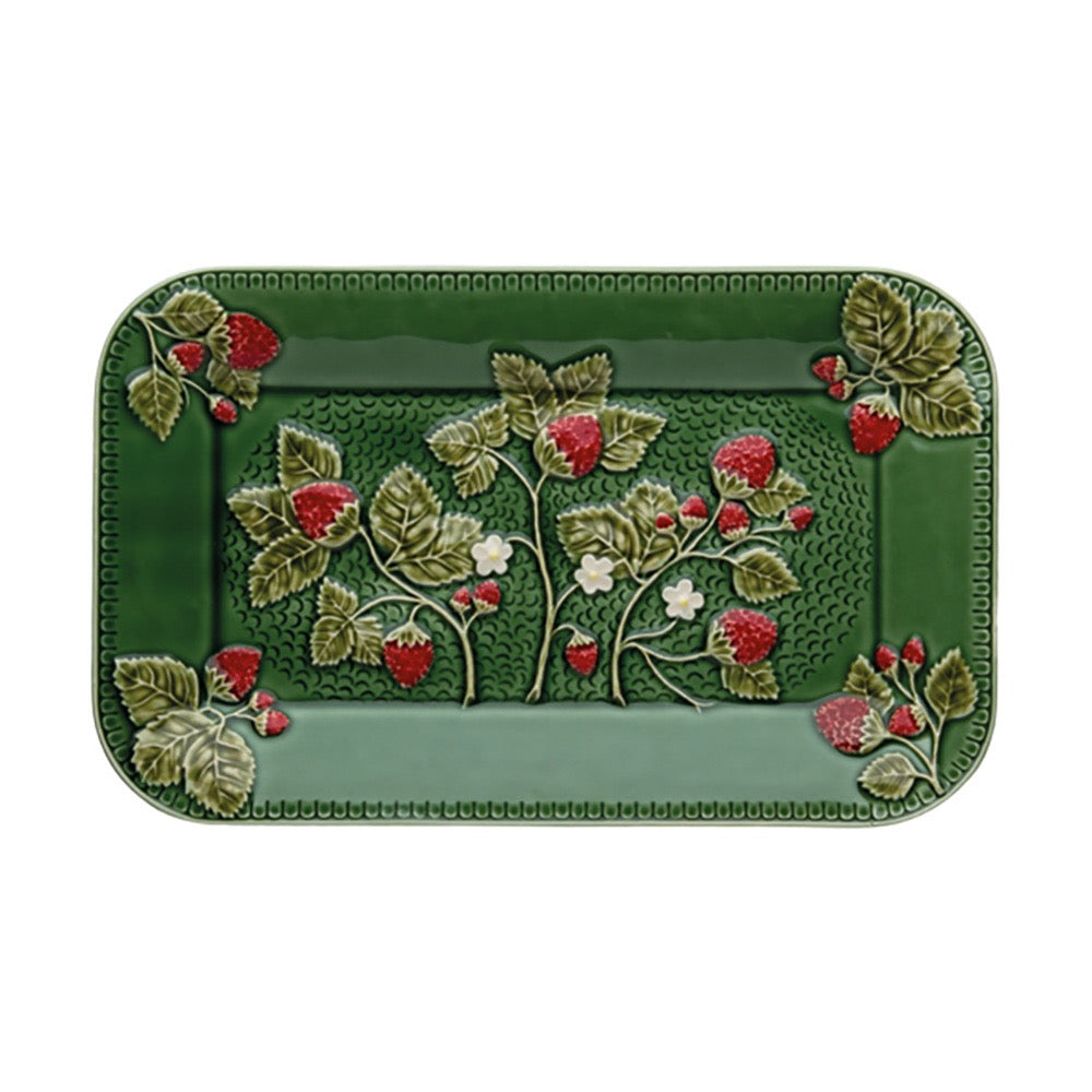 Decorative green tray with strawberry design on a white background