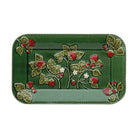 Decorative green tray with strawberry design on a white background