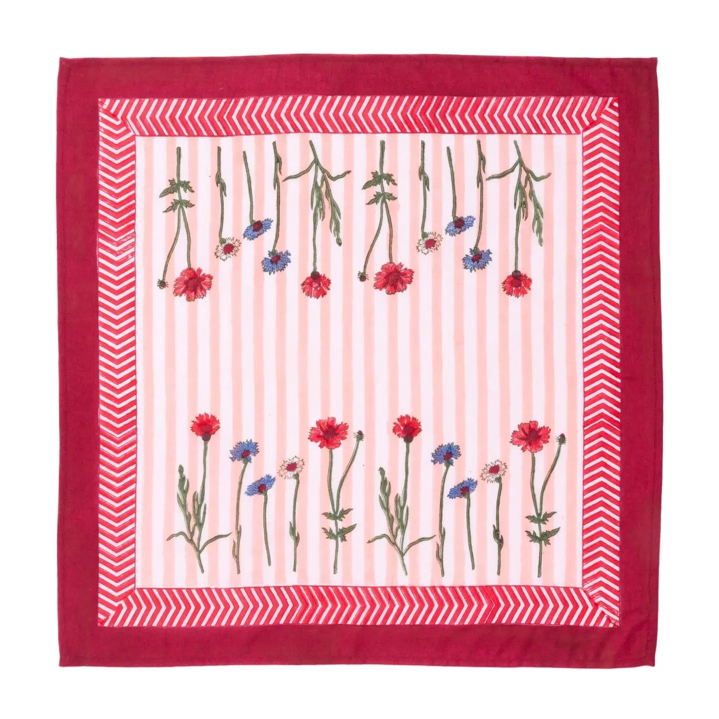 Fabric square with floral pattern and red border on a white background