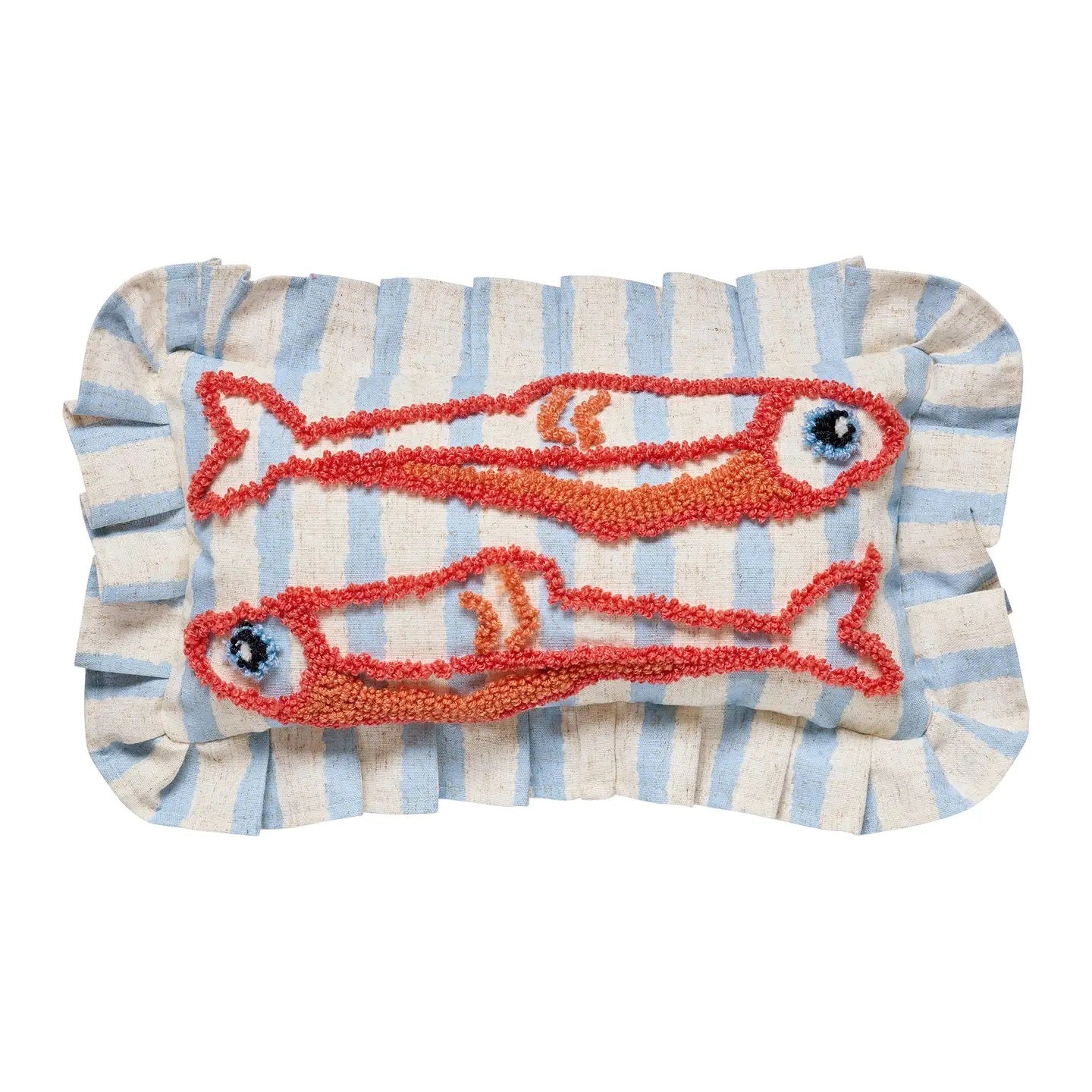 Decorative pillow with red fish design on a striped background