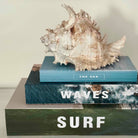 Stack of books with a large shell on top, titled 'The Sea', 'Waves', and 'Surf'.