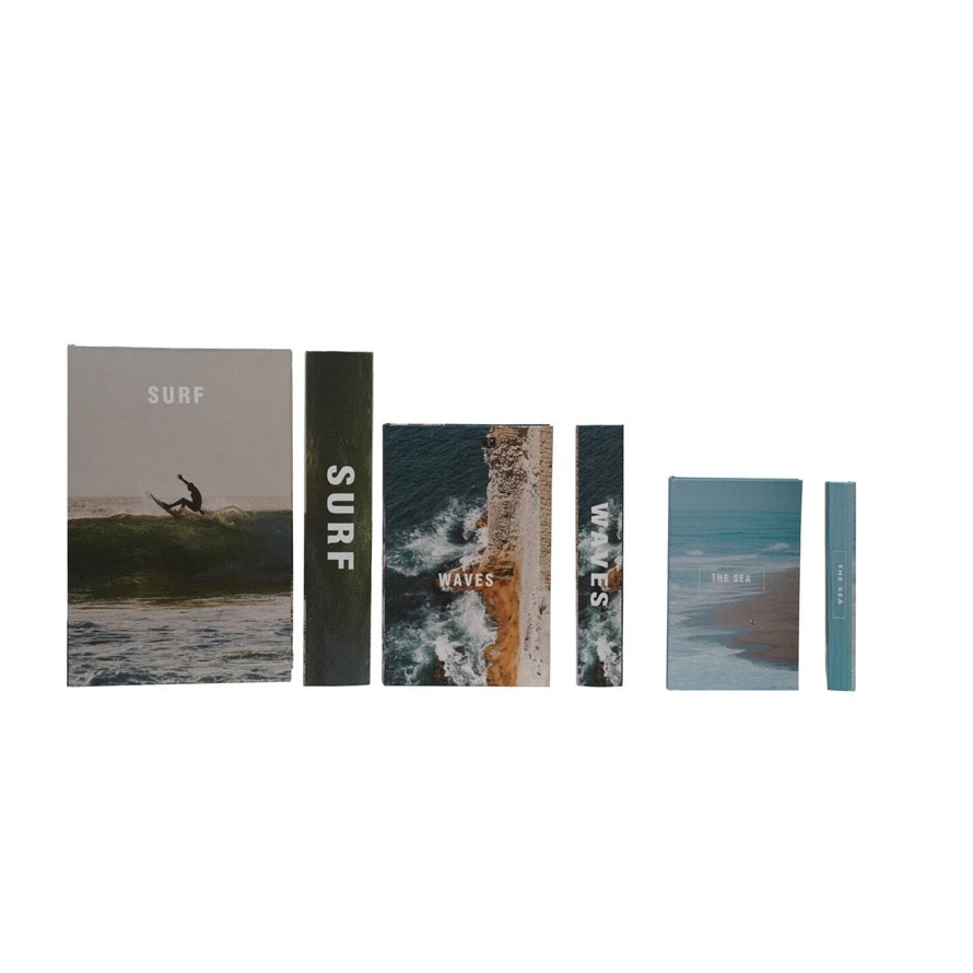 Set of six books with surf and beach-themed covers on a white background
