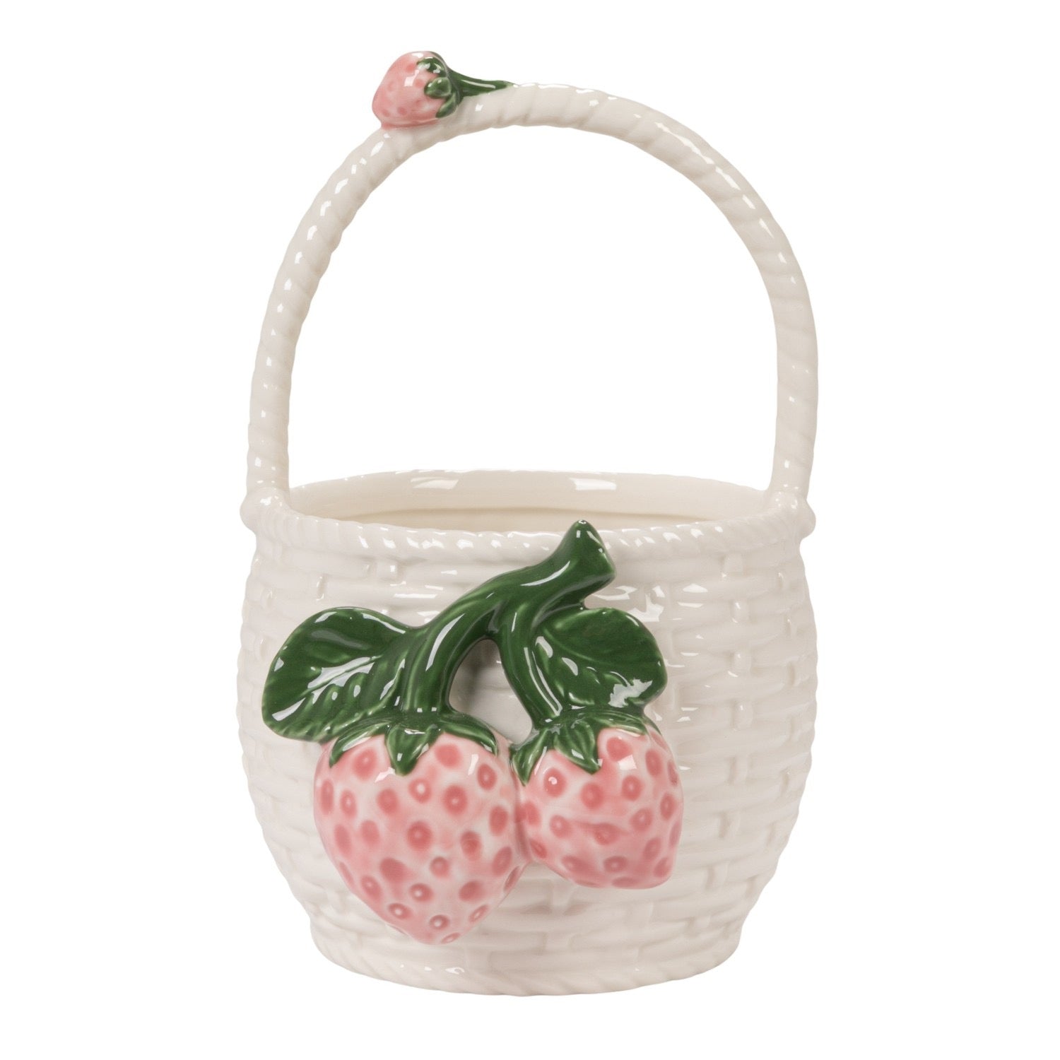 White ceramic basket with strawberry design on a white background