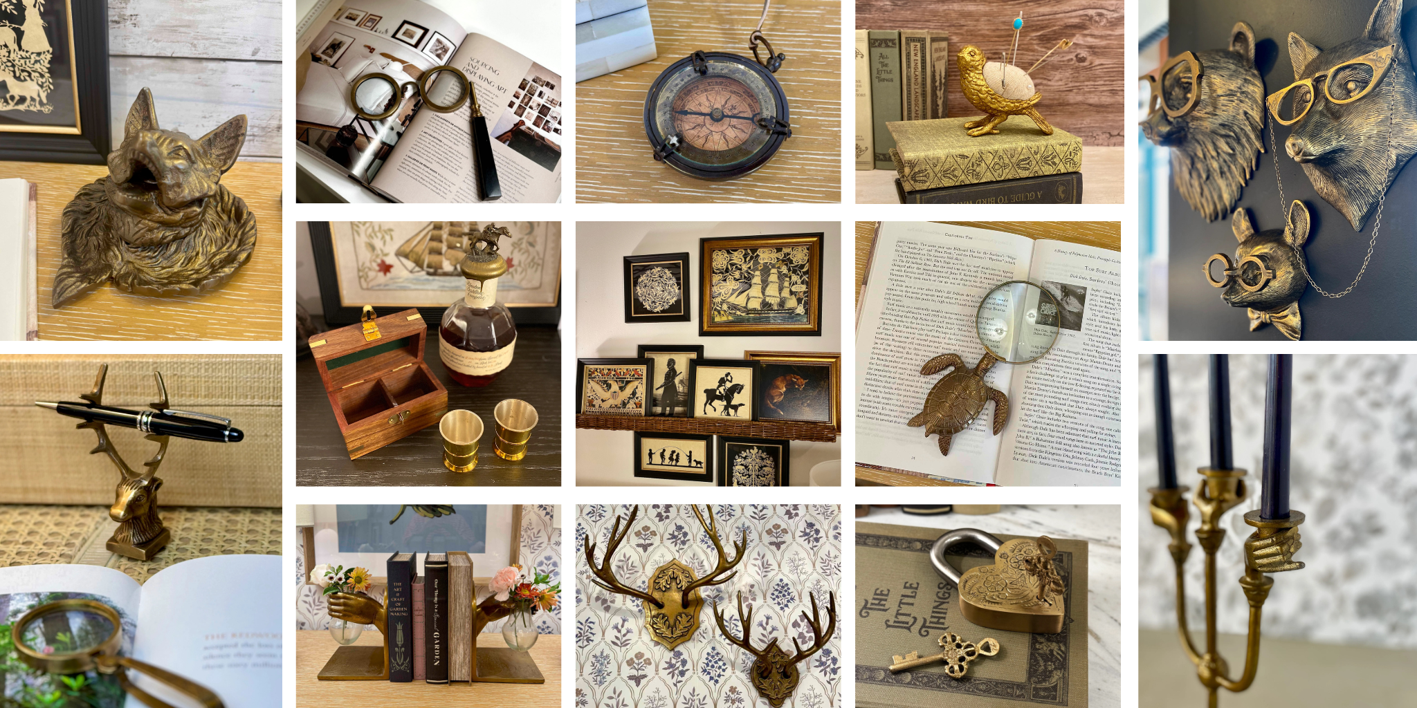 Collage of various decorative items including figurines, books, and other knick-knacks on a wooden surface.