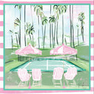 Illustration of a poolside scene with pink chairs, umbrellas, and palm trees on a striped background.