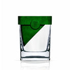 Clear glass container with green lid on a white background