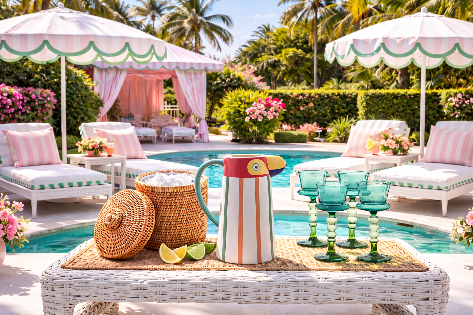 Poolside setting with lounge chairs, umbrella, and poolside table with drinks and snacks.