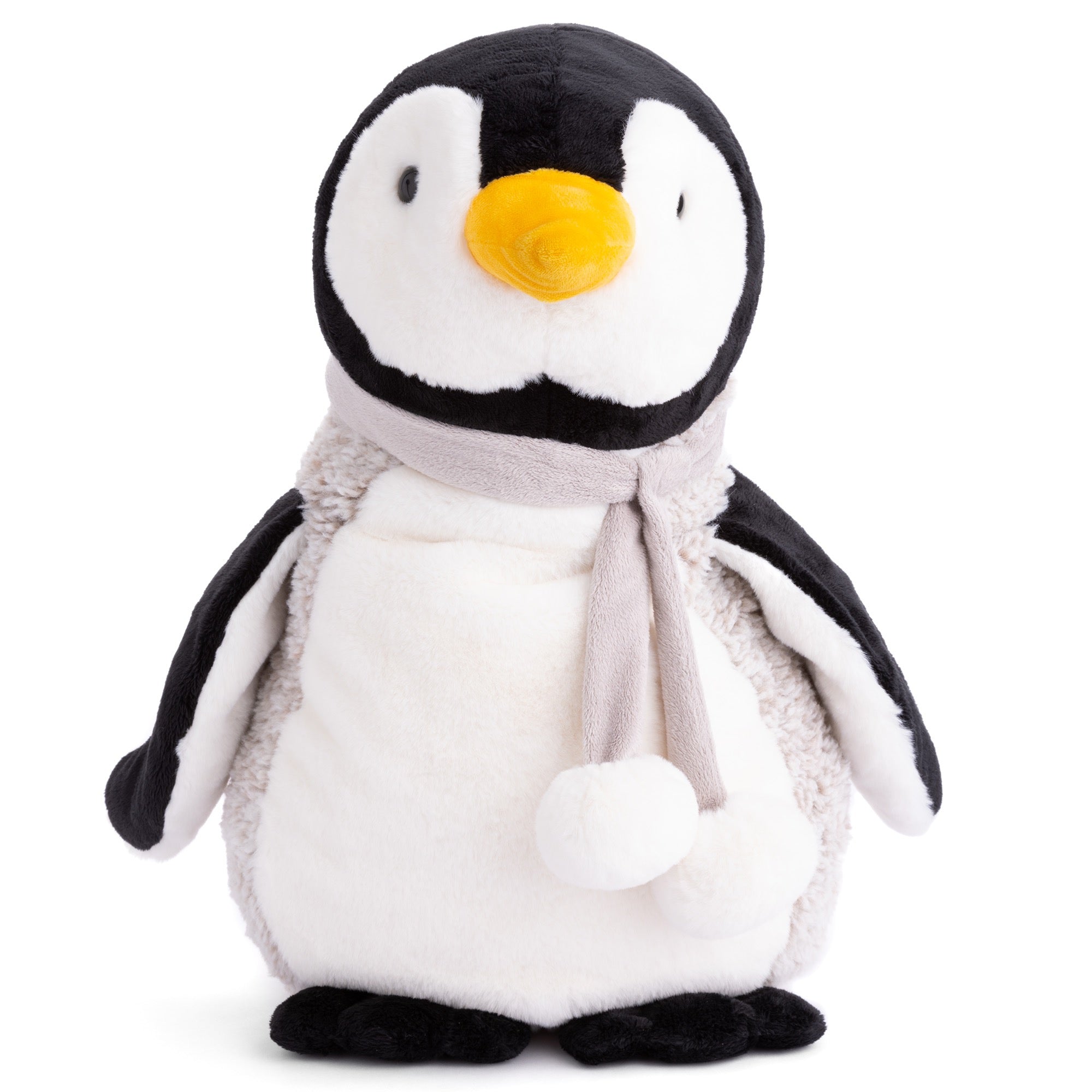 Plush penguin toy with a yellow beak and gray scarf on a white background