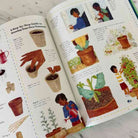 Open book with gardening instructions and illustrations on a wooden surface