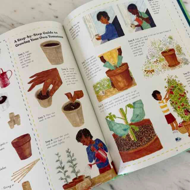 Open book with gardening instructions and illustrations on a wooden surface