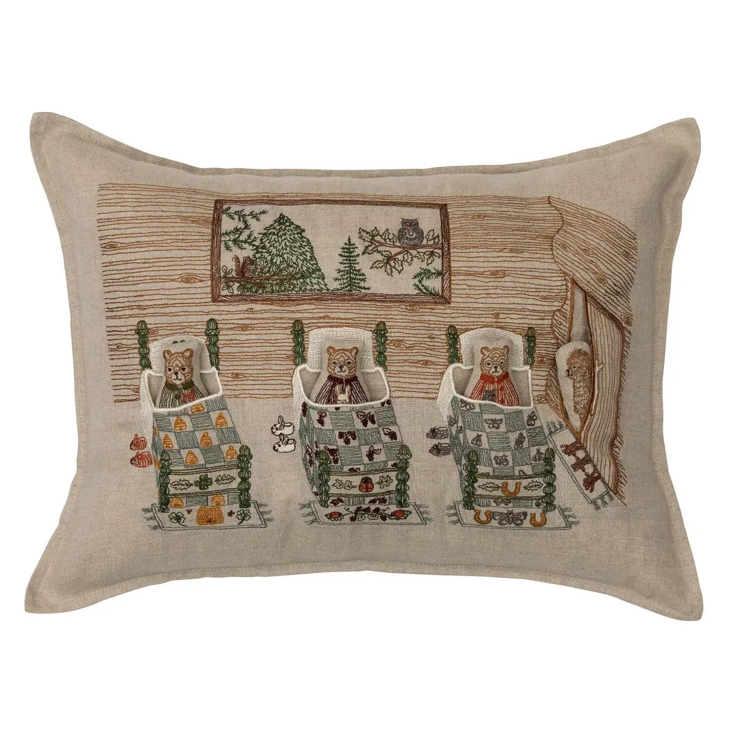 Decorative pillow with embroidered design of three bears in chairs and a cabin.