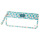Pouch with a pattern of small images on a blue background