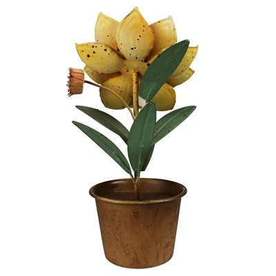 A decorative metal flower sculpture with yellow petals, green leaves, and a bronze pot on a plain white background.