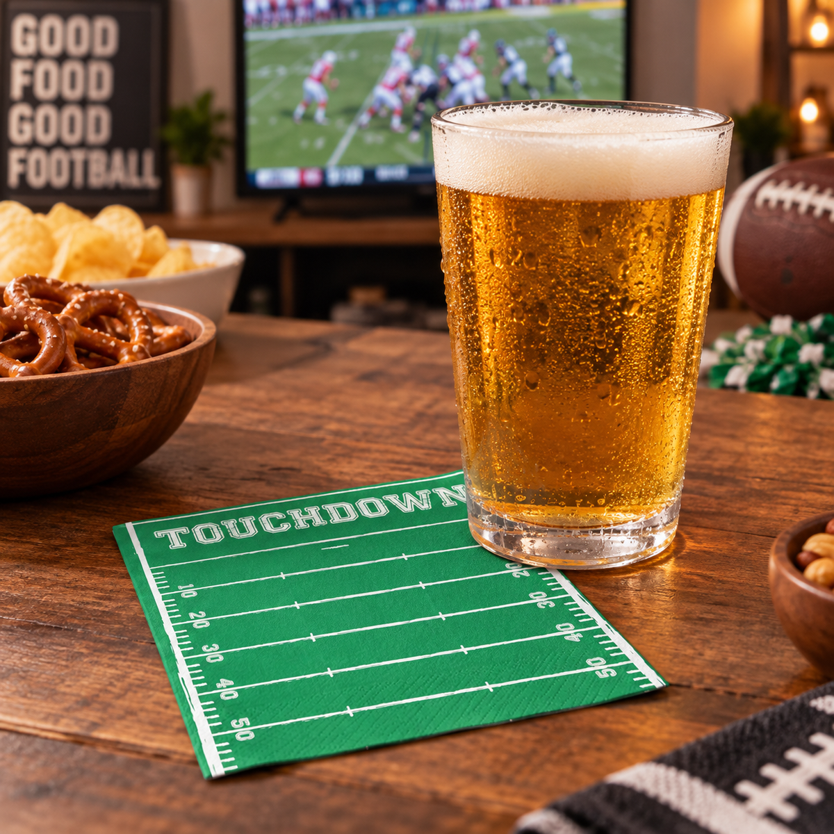 A green paper napkin printed with a football field and the word 'TOUCHDOWN' is placed on a wooden table next to a glass of beer, with snacks and a TV in the background.