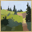 A framed landscape painting featuring stylized green hills, dark pine tree silhouettes, and a pale blue sky, bordered by a light wood frame.