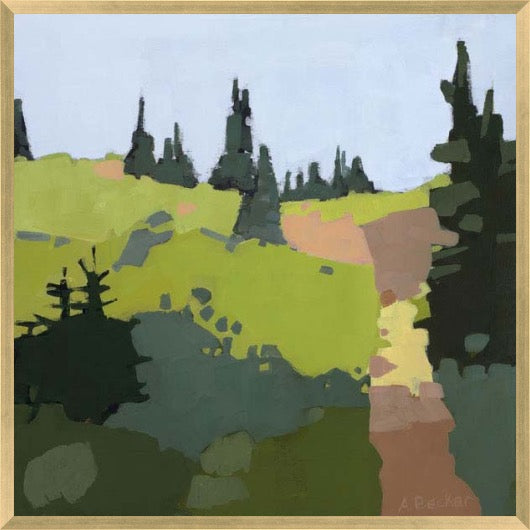 A framed landscape painting featuring stylized green hills, dark pine tree silhouettes, and a pale blue sky, bordered by a light wood frame.