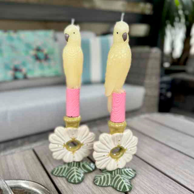 Two parrot-shaped candles with pink bodies and yellow heads on decorative stands.