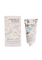 Hand cream and packaging with 'Library of Flowers' branding on a white background