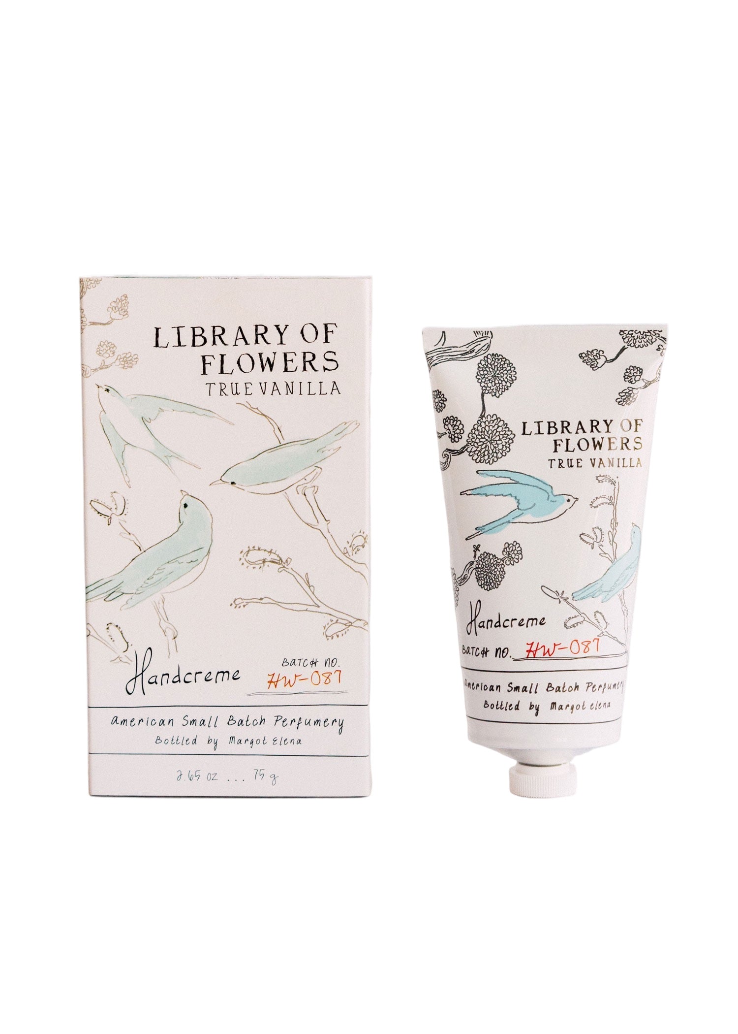 Hand cream and packaging with 'Library of Flowers' branding on a white background