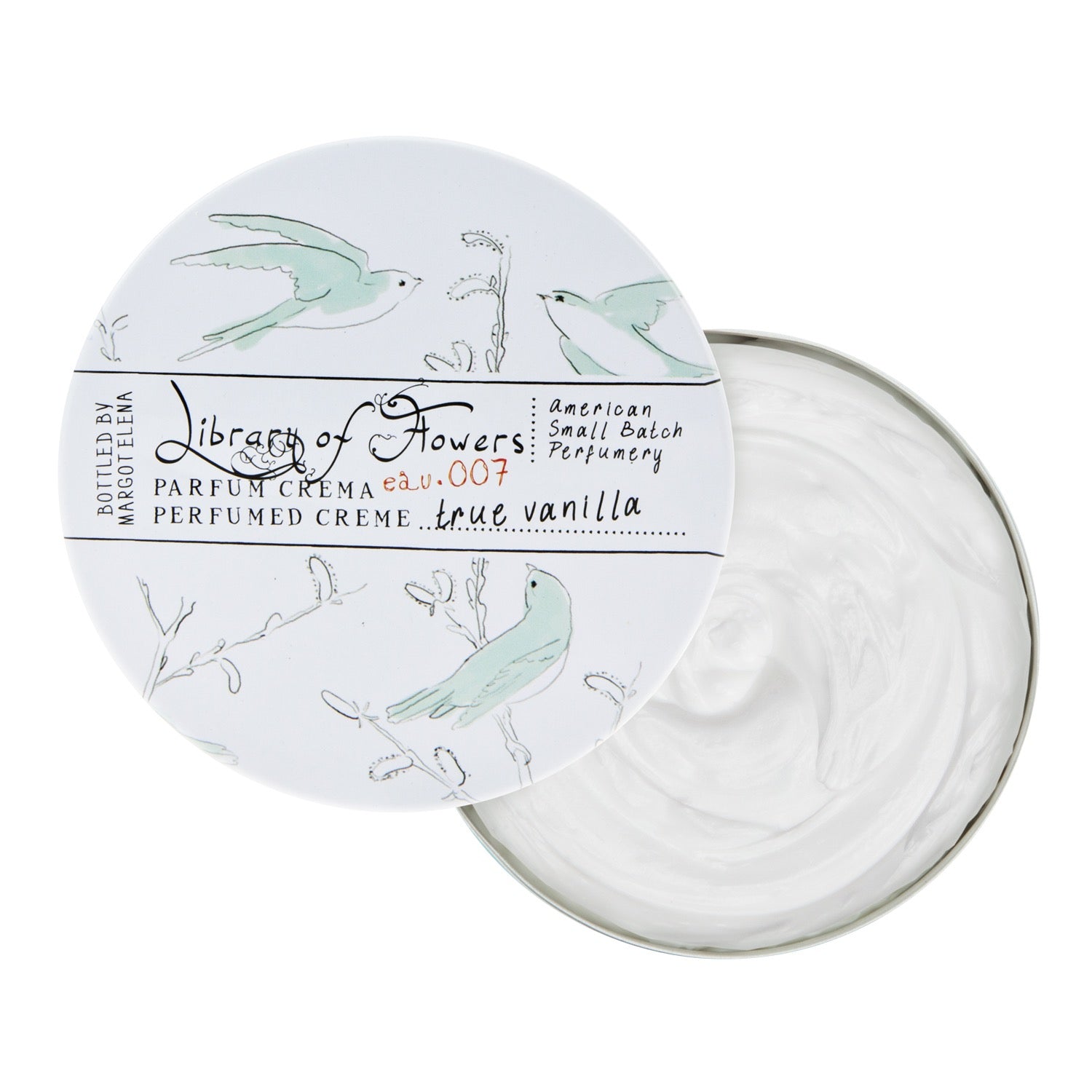 Perfumed crème with 'Library of Flowers' packaging on a white background
