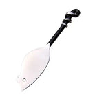 A novelty fish-shaped metal spoon with a black handle and silver spiral accent near the top, isolated on a white background.