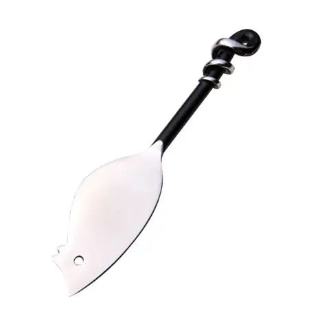 A novelty fish-shaped metal spoon with a black handle and silver spiral accent near the top, isolated on a white background.