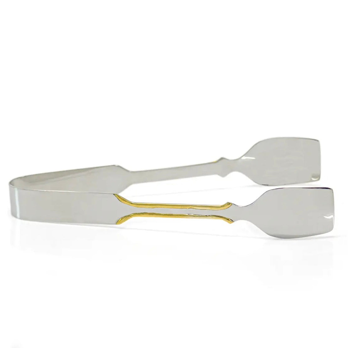 A pair of polished stainless steel bar tongs with a gold-colored inner accent strip, shown open on a clean white background.