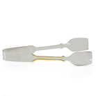 A pair of polished stainless steel bar tongs with a gold-colored inner accent strip, shown open on a clean white background.