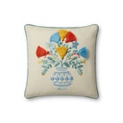 Decorative pillow with embroidered floral design on a beige background