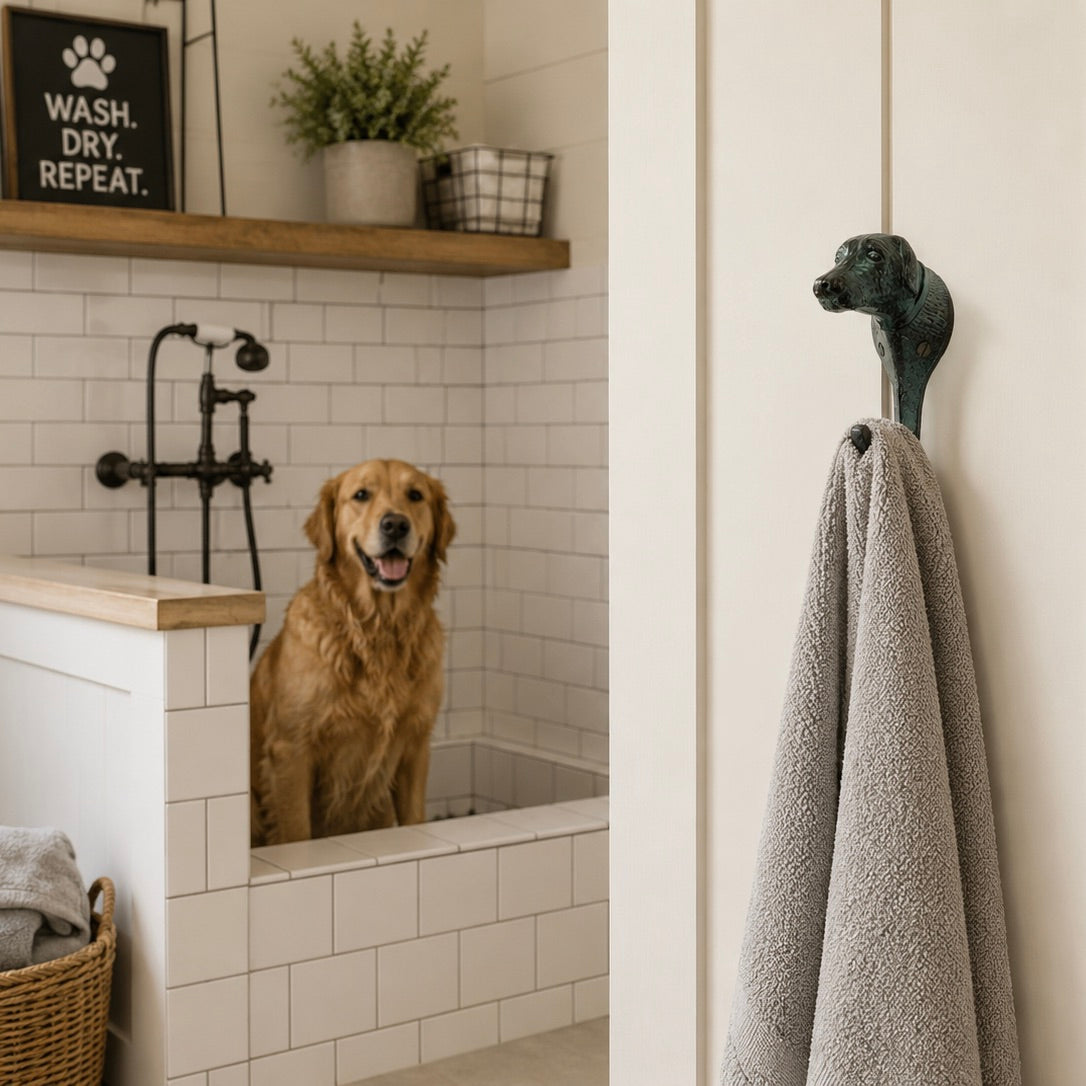 A golden retriever sits in a white tiled pet bathtub while a gray towel hangs from a dark green dog-head wall hook in an adjacent bathroom doorway.