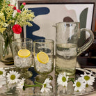 Clear glass pitcher and tumblers with lemon slices on a tray with flowers and abstract art in the background