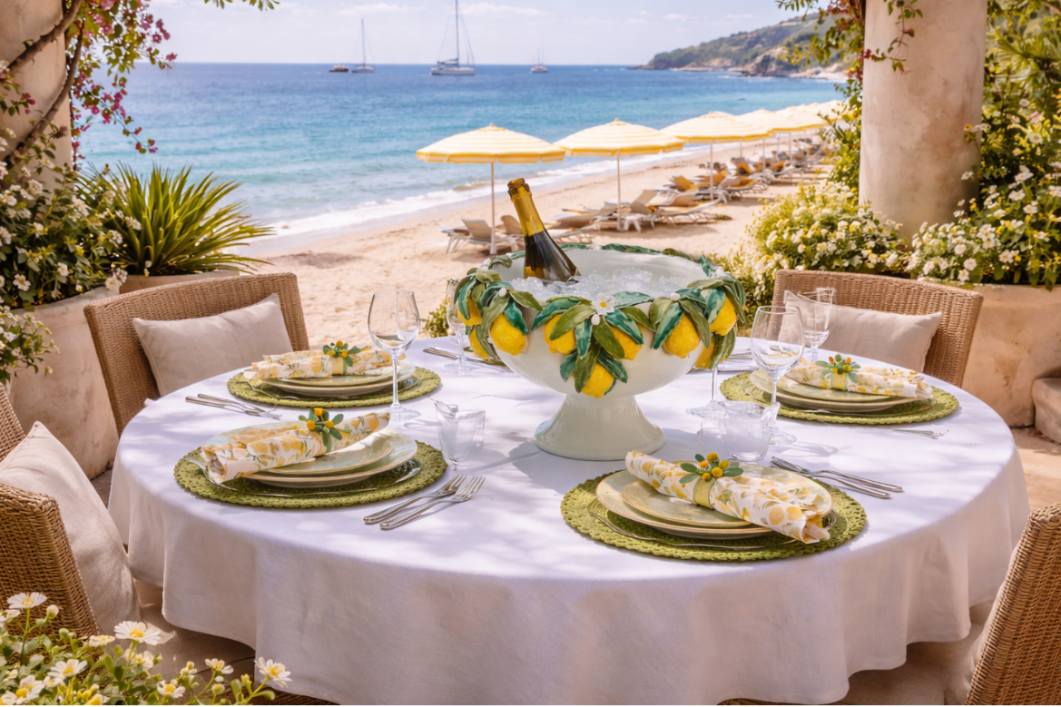 Outdoor dining table set with a view of the ocean and beach.