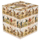 Tissue box cover with vintage-style illustrations of golfers on a white background