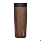 Wood-textured tumbler with black lid on a white background