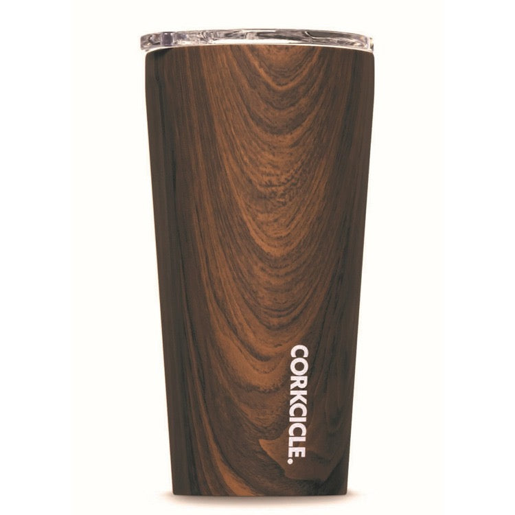 Wood-textured tumbler with 'Corkcicle' branding on a white background