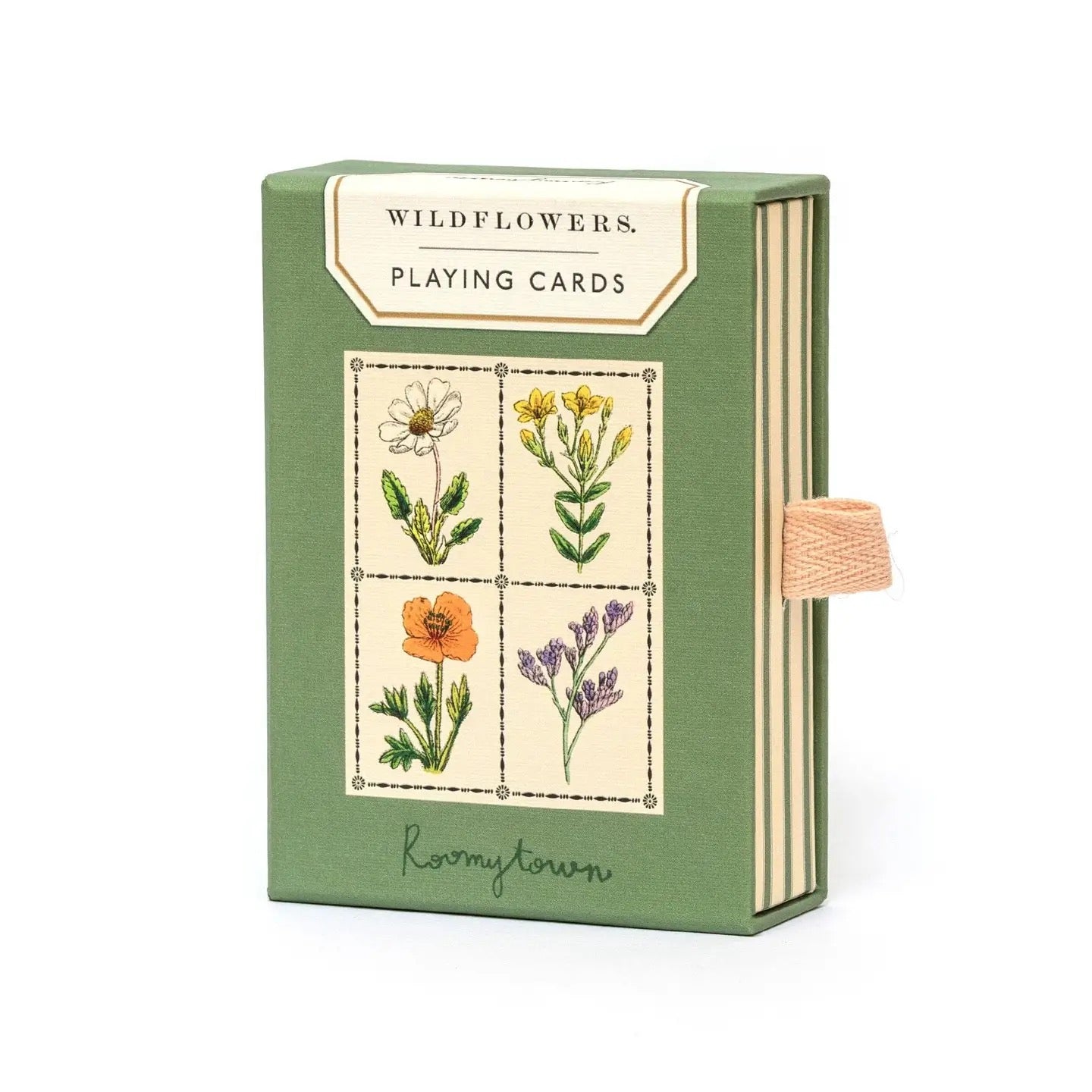 Box of Wildflowers playing cards with floral designs on a white background