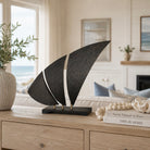 Decorative sculpture on a wooden cabinet in a living room setting