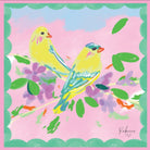 Colorful illustration of two birds on a branch with flowers and leaves on a pink background, signed 'Rebecca'.