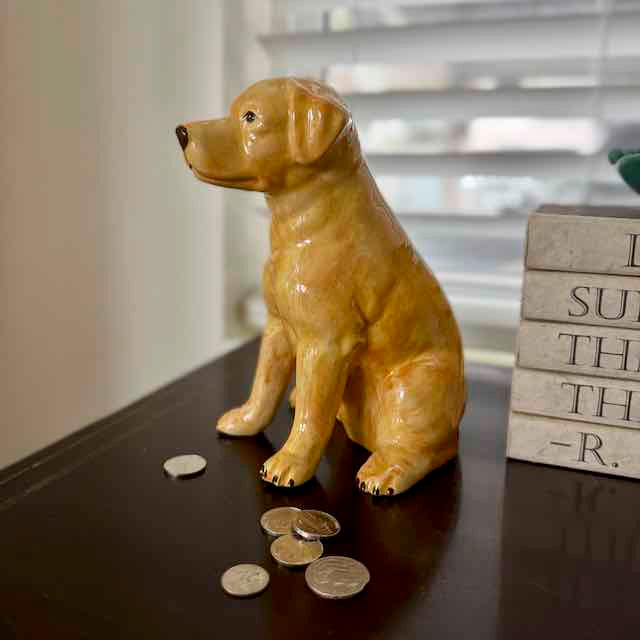 Dog-shaped piggy bank with coins on a surface