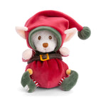 Plush toy resembling a snowman in an elf costume with a red hat and outfit on a white background