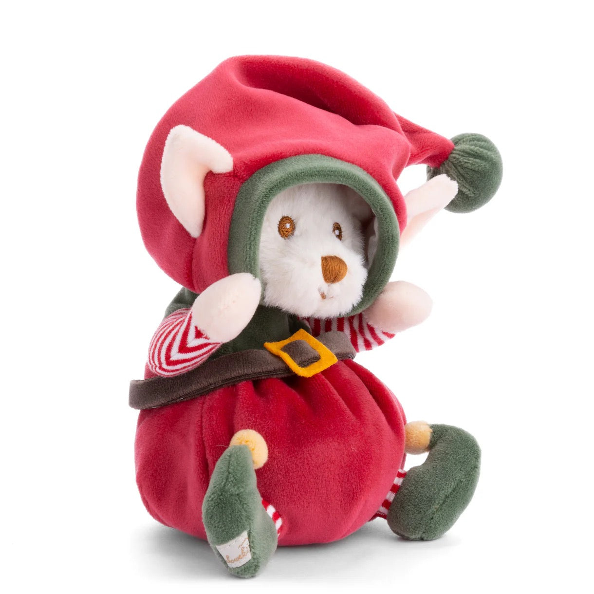 Plush toy resembling a mouse in a red outfit with green accents on a white background