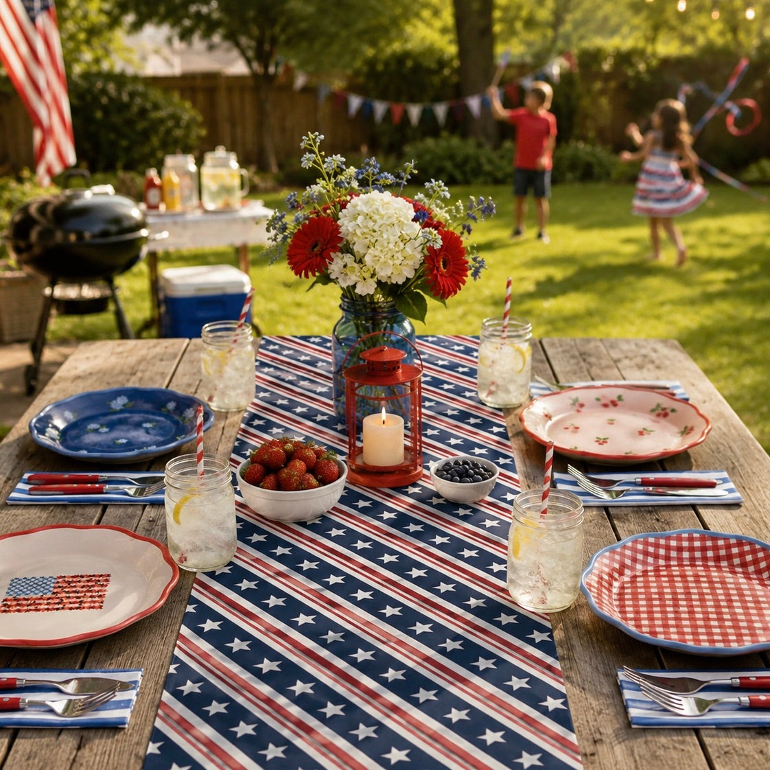 Outdoor table setting with a patriotic theme, including a tablecloth, plates, and decorations, with people playing in the background.