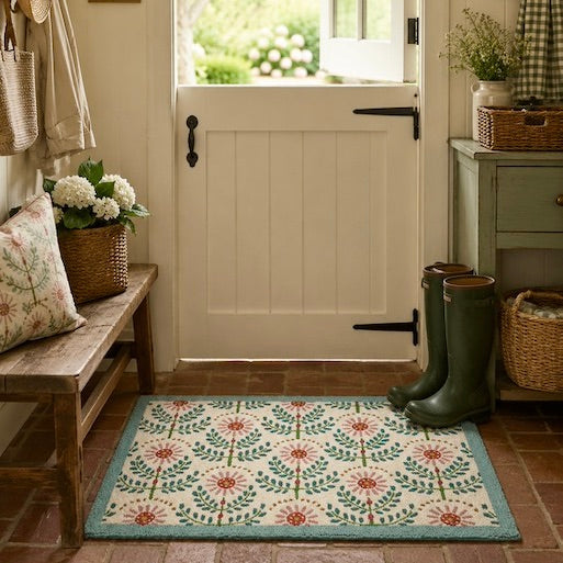 Entryway with a floral rug, green boots, and a wooden bench.