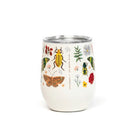 A white insulated stemless wine tumbler with a stainless steel lid, decorated with vintage-style illustrations of insects, flowers, and botanical elements. The brand name 'The Apple Co.