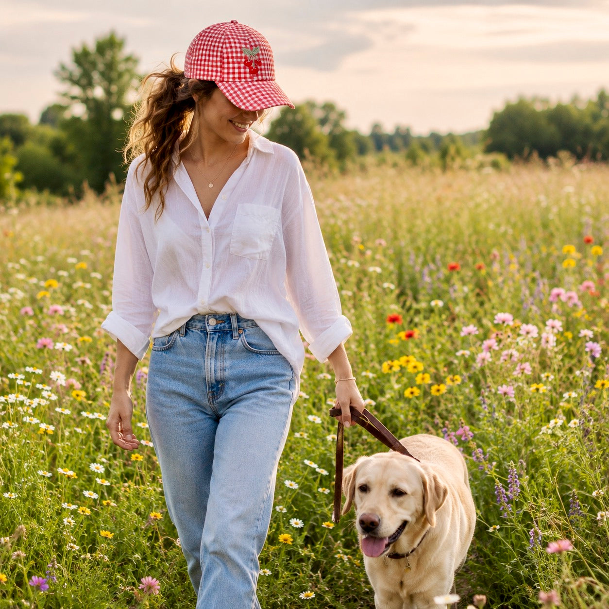 Woman walking a dog in a field of wildflowers wearing a red checkered cap.