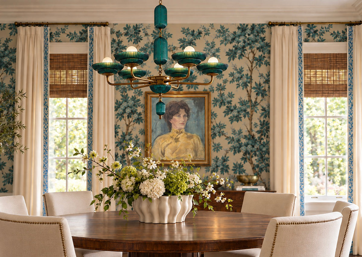 Emerald glass green chandelier over traditional dining table