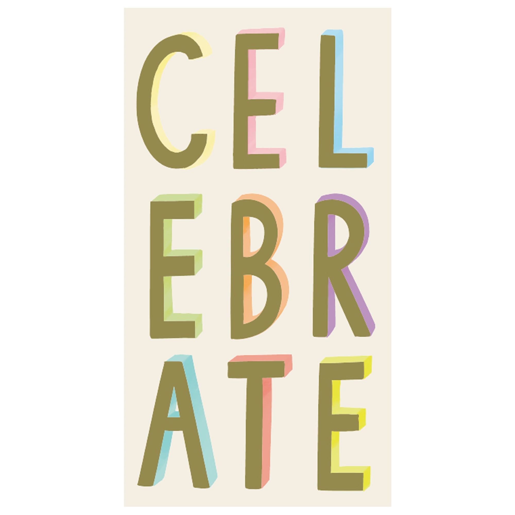 A pack of colorful paper napkins with the word 'CELEBRATE' written in bold letters, arranged in a stacked design.