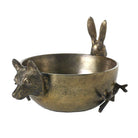 A brass bowl with a fox and rabbit design, featuring matte brass finish and figurine handles.